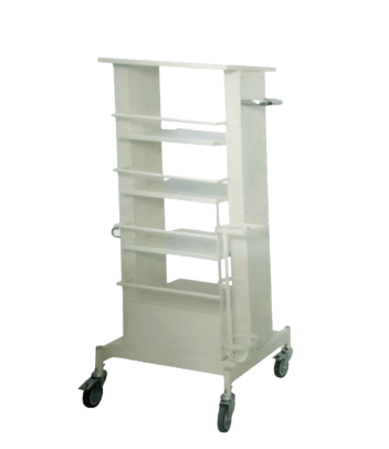 Image of a white cart with two shelves and four wheels