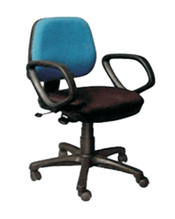 An office chair with a blue back and black armrests, sitting on a black surface