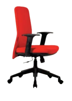 Red office chair with black armrests and wheels
