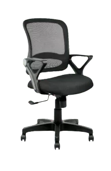 A black and gray office chair with armrests