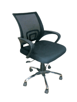 A black office chair with chrome accents,