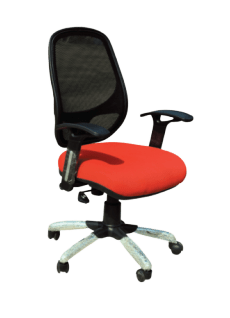 Red office chair with black mesh back and wheels