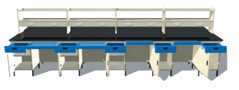 Computer-generated image of white lab desks with black drawers