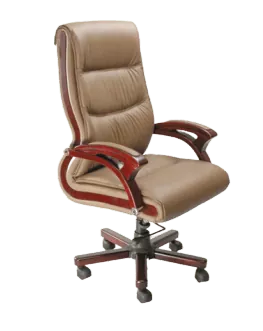 Tan leather office chair with wooden armrests and wheels