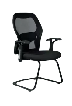 An office chair with mesh back and armrests