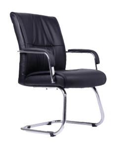 A black leather office chair with armrests, sitting on a black surface