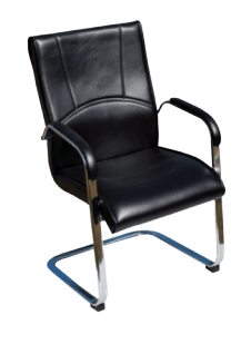 A black leather office chair with armrests, sitting on a black surface