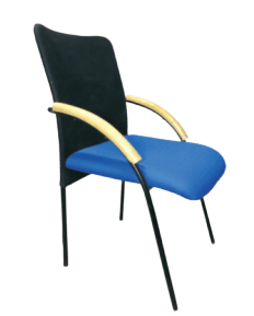 Image of a blue and black chair with wooden arm rests