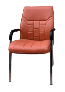 Brown leather chair with black armrests.