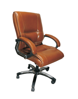 A brown leather office chair with wheels