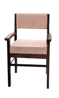 Wooden chair with white seat and back.