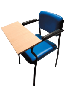 Image of a blue chair with a wooden desk attached to it