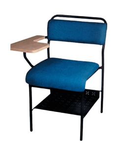 Image of a blue chair with a wooden desk attached to it