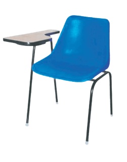 Image of a blue chair with a desk attached to it