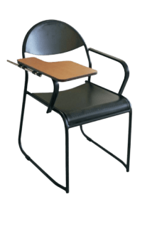 Image of a black chair with a desk attached to it