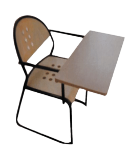 Image of a black desk chair with a writing desk attached