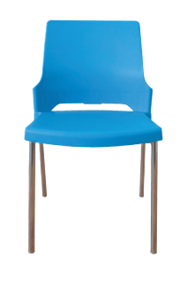 A blue chair with wooden armrests