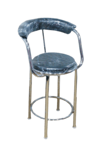 A bar stool with a black cushion and stool has stainless steel legs