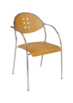 A brown wooden chair with stainless steel legs