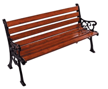 A wooden bench with wrought iron armrests