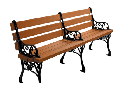 A wooden park bench with wrought iron armrests