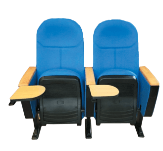 Two blue chairs with wooden armrests