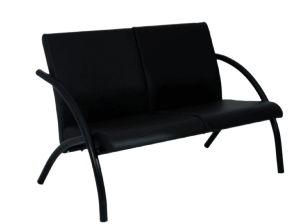 A black couch with metal armrests