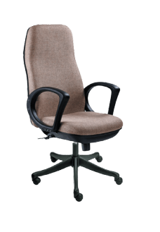 An office chair with beige upholstery, black armrests, and wheels