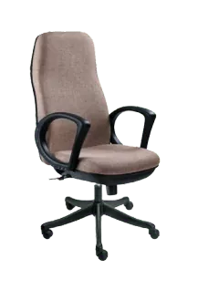 An office chair with beige upholstery, black armrests, and wheels