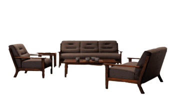 A living room with a brown couch, two black chairs, and a glass coffee table on a black background.