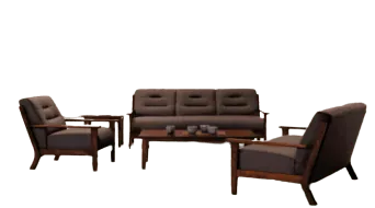 A living room with a brown couch, two black chairs, and a glass coffee table on a black background.
