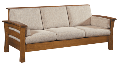 A wooden couch with white cushions