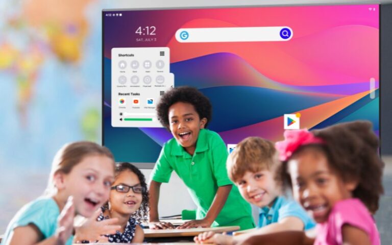 A Groups of students with background of smart board image