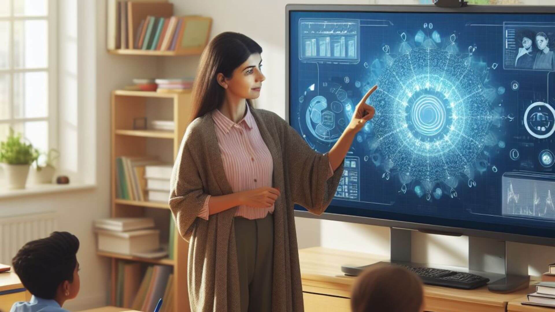 Teacher using a Digital smart board in classroom