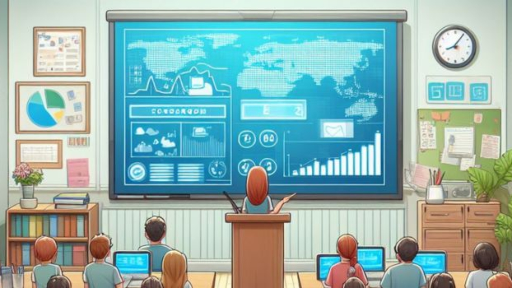 Teacher Teach a students on interactive flat panel display in classroom