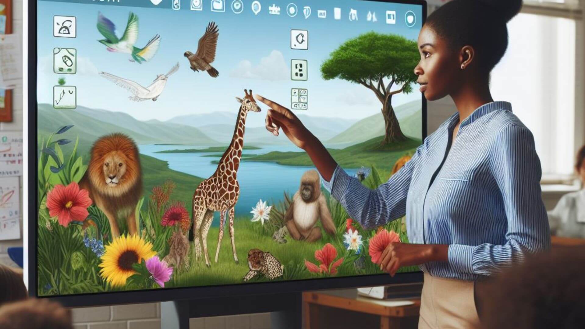 Teacher teach a students on interactive flat panel display in classroom