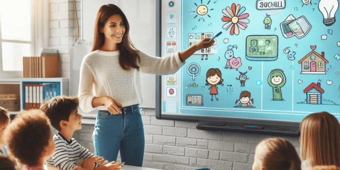 Teacher Teach a students on interactive flat panel display in classroom