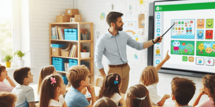 Teacher Teach a student on interactive panel display