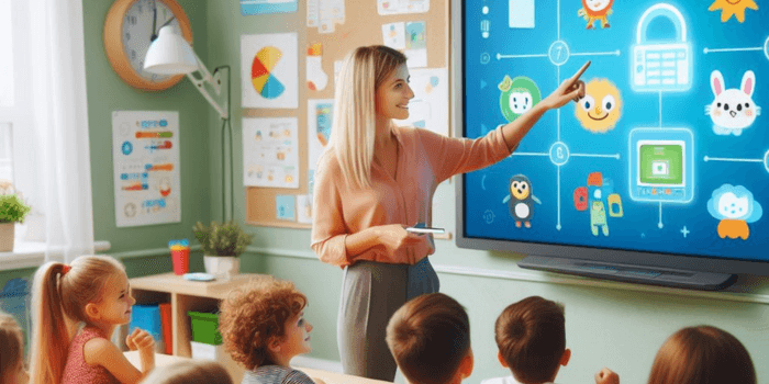 Teacher Teach a students o interactive flat panel display in classroom