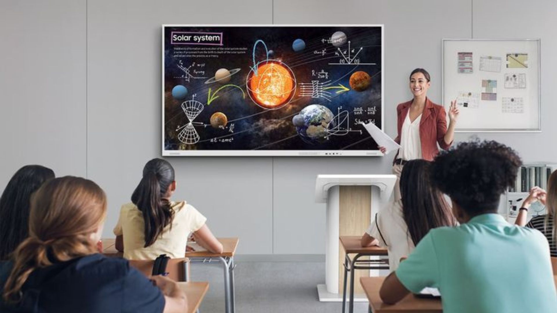 Teacher Teach a student on interactive flat panel display